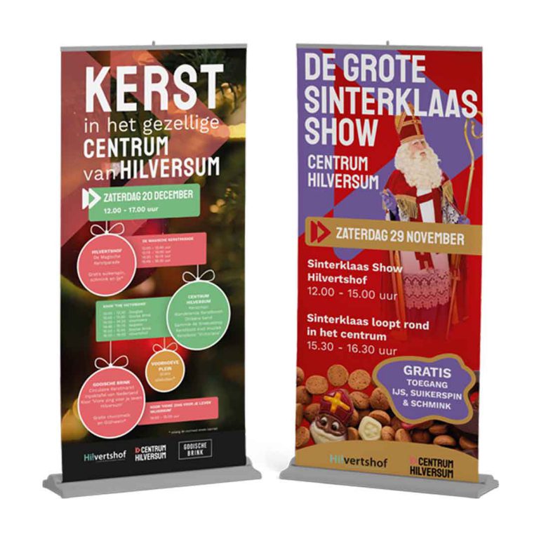 Banners, posts, flyers voor de diverse evenementen in Centrum Hilversum